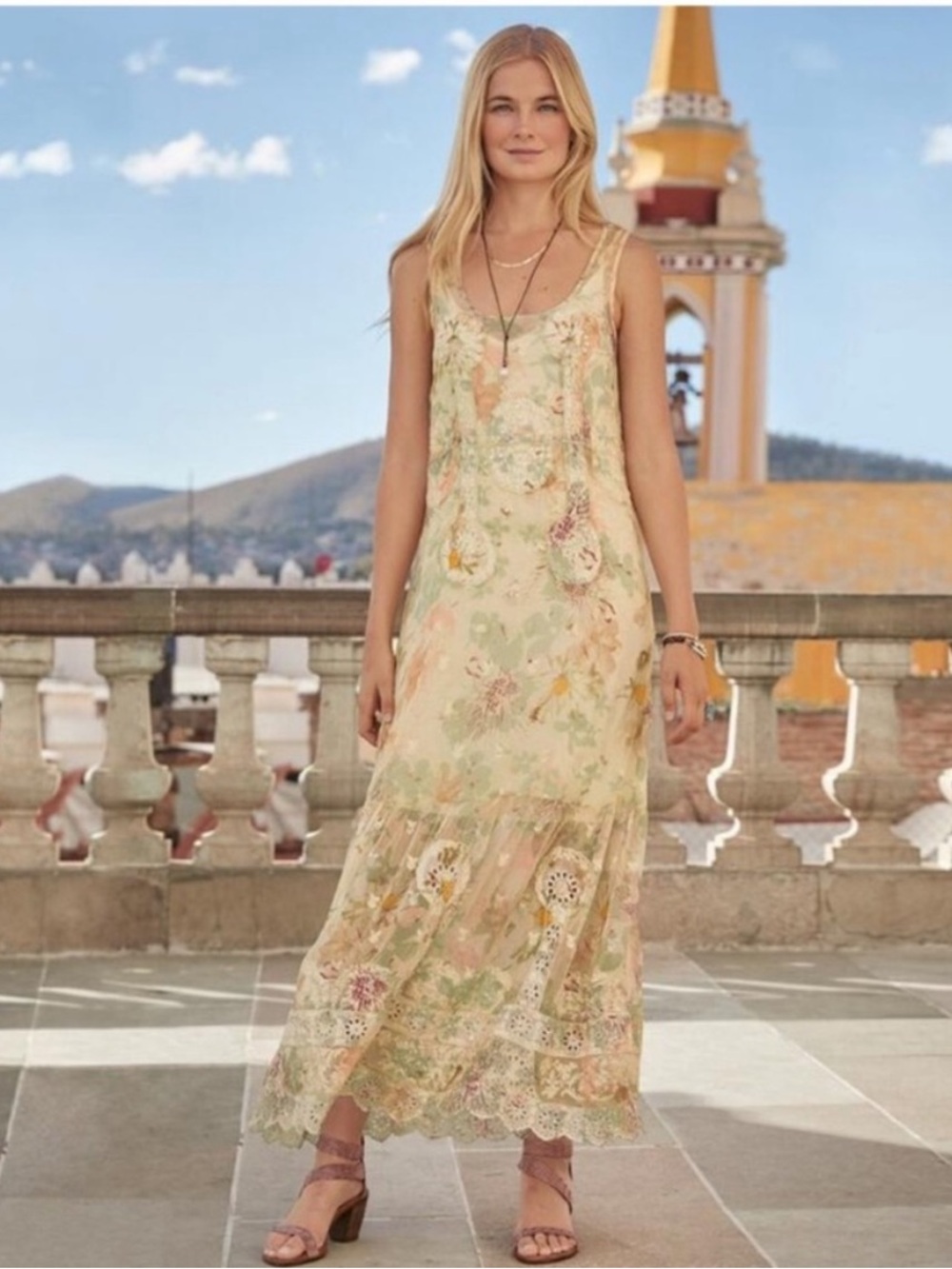 Sundance Silk Floral Maxi Dress in Cream and Sage
